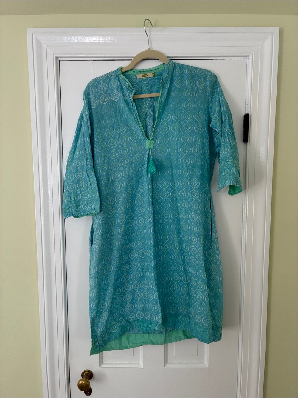 Women's Turquoise Patterned Long-Sleeve Tunic Dress